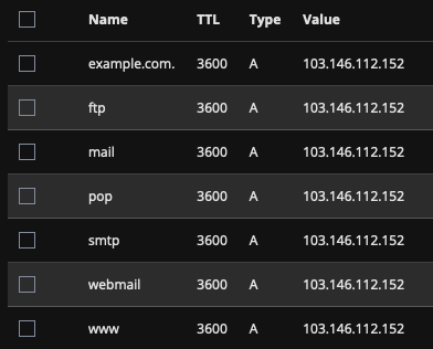 Screenshot: DNS Record List from DirectAdmin