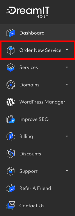 Left-Hand Side Menu in MyDreamIT Highlighting 'Order New Service'