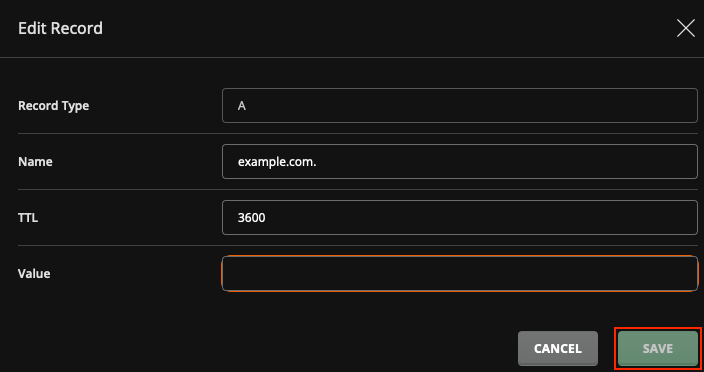 Screenshot: Edit Record Form in DirectAdmin